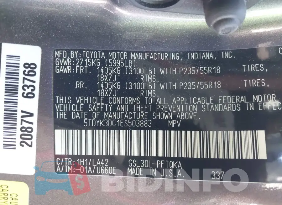 5TDYK3DC1ES503883 Photo# 9
