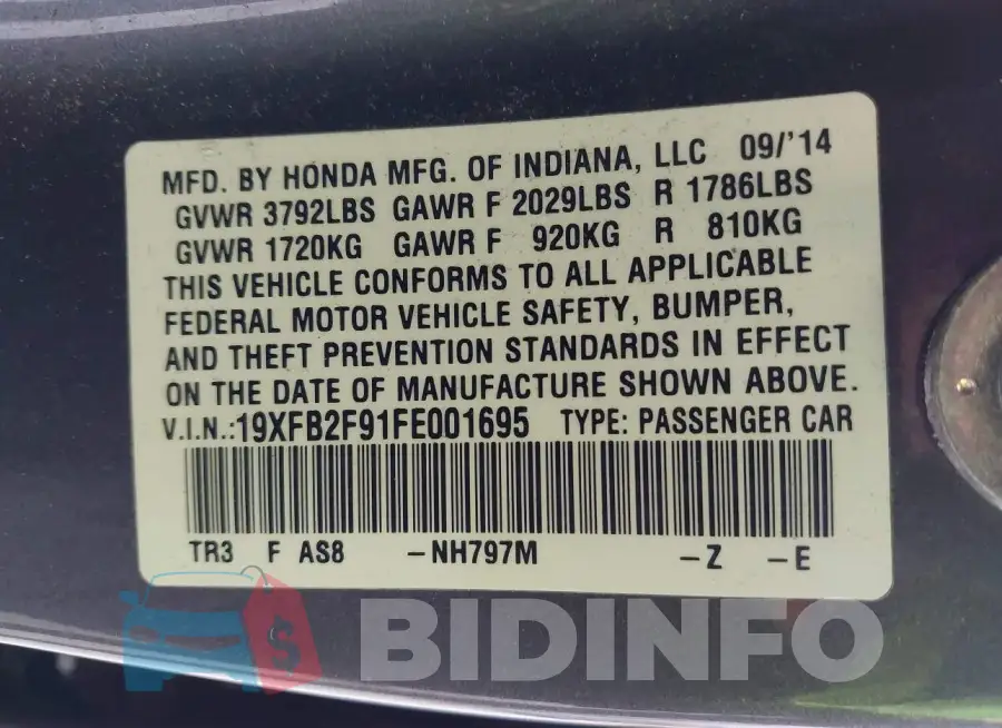 19XFB2F91FE001695 Photo# 9