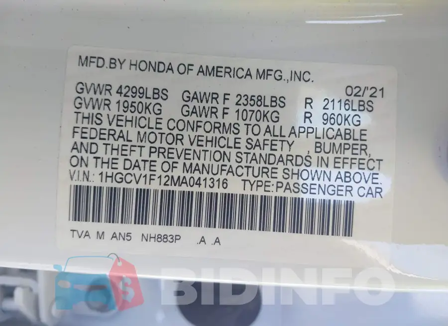 1HGCV1F12MA041316 Photo# 9