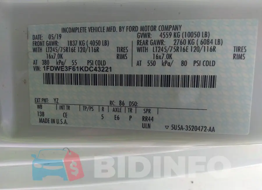 1FDWE3F61KDC43221 Photo# 8