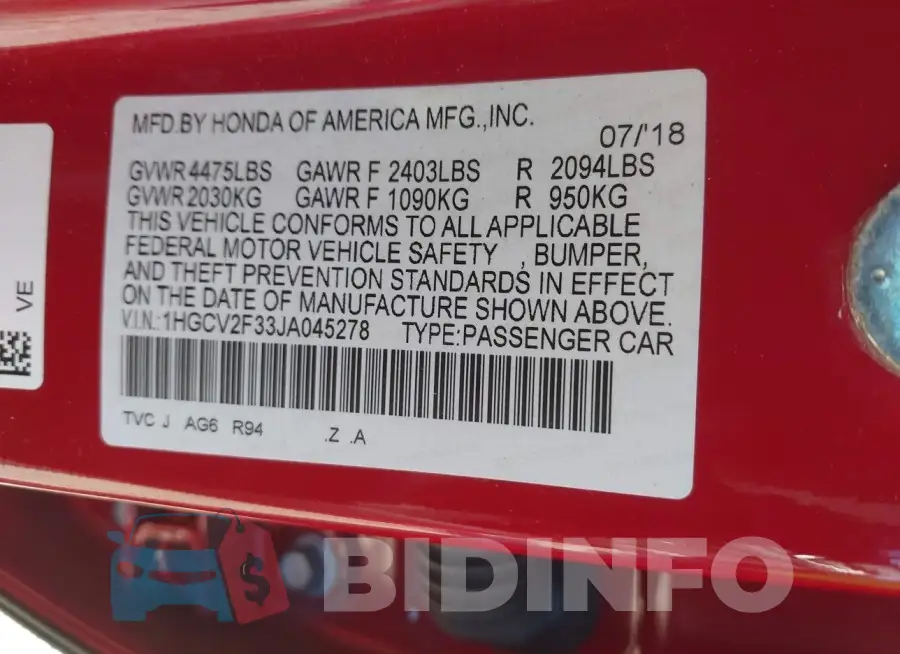 1HGCV2F33JA045278 Photo# 9