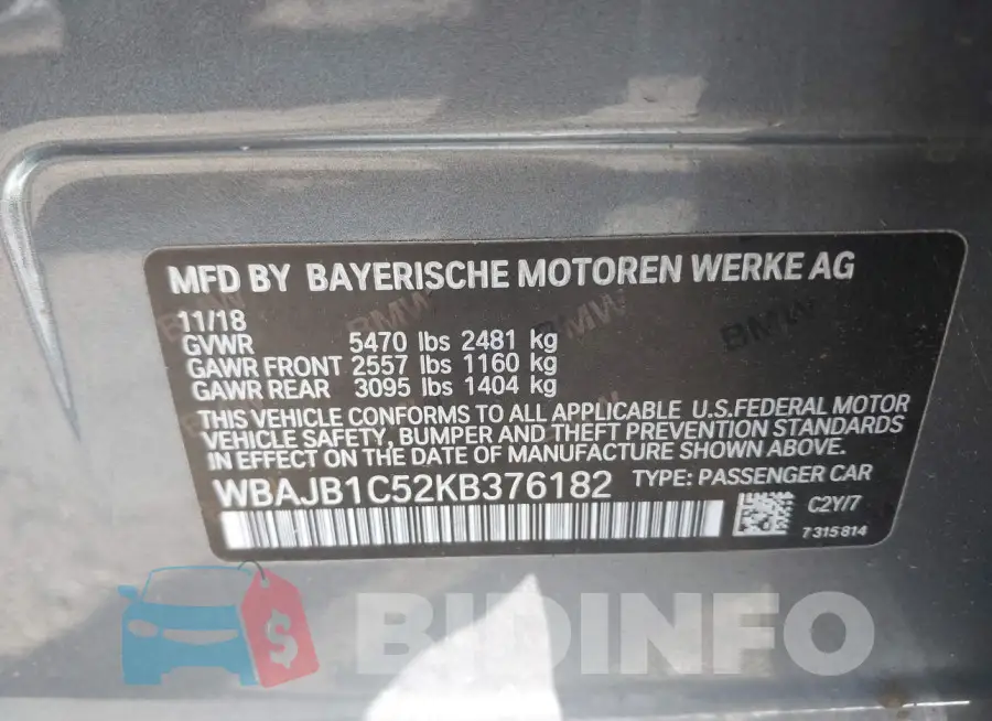 WBAJB1C52KB376182 Photo# 9