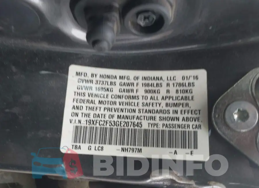 19XFC2F53GE207645 Photo# 9