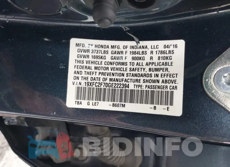 19XFC2F70GE222394 Photo# 9