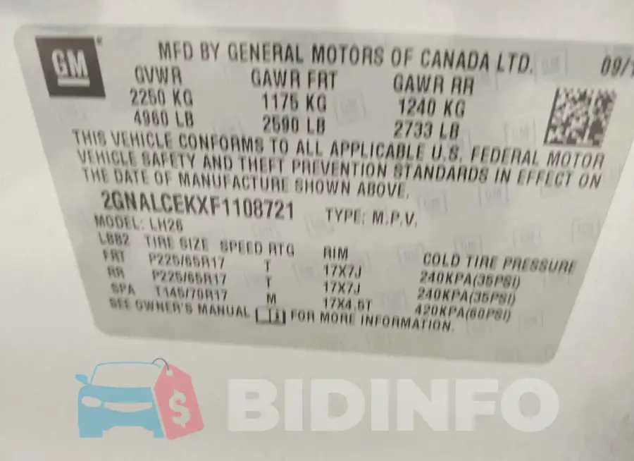 2GNALCEKXF1108721 Photo# 9