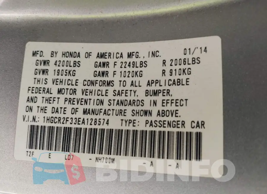 1HGCR2F33EA128574 Photo# 9