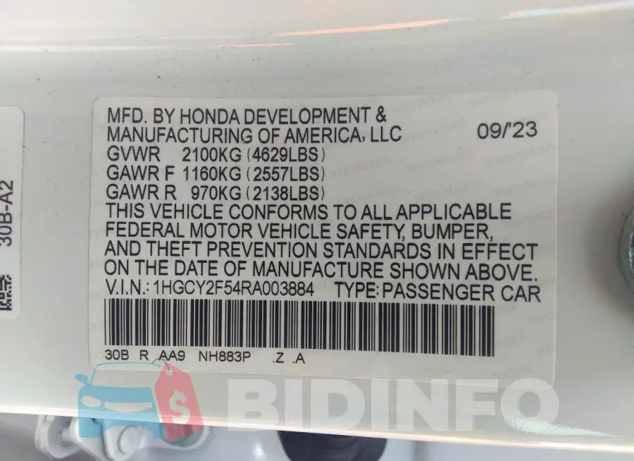 1HGCY2F54RA003884 Photo# 9