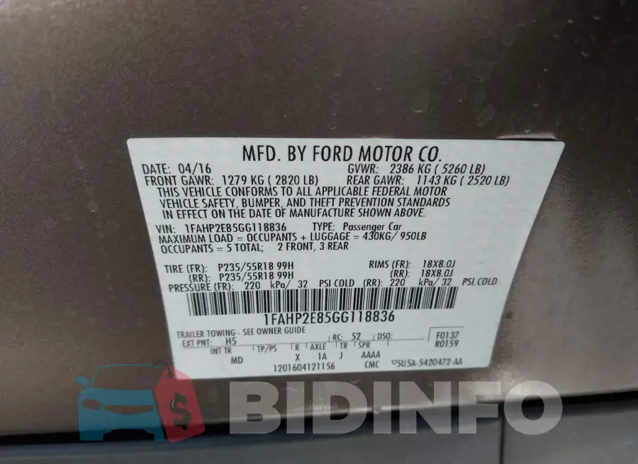 1FAHP2E85GG118836 Photo# 9