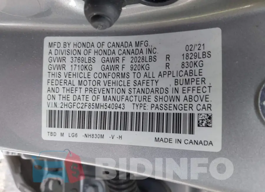 2HGFC2F85MH540943 Photo# 9