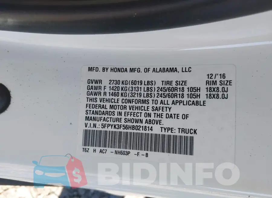 5FPYK3F56HB021814 Photo# 9