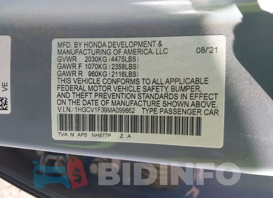 1HGCV1F39MA099862 Photo# 9