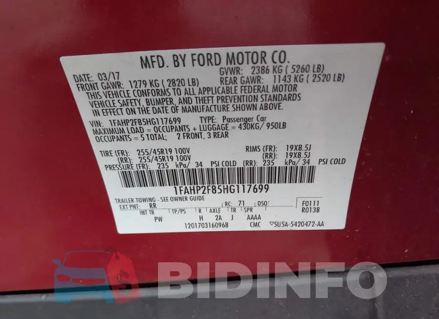 1FAHP2F85HG117699 Photo# 9