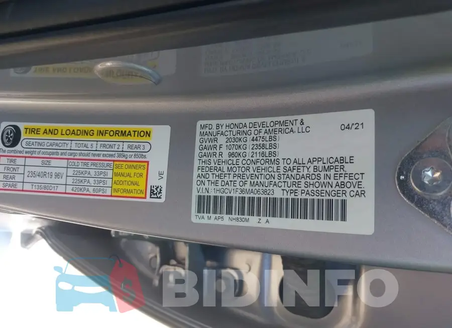1HGCV1F36MA063823 Photo# 9