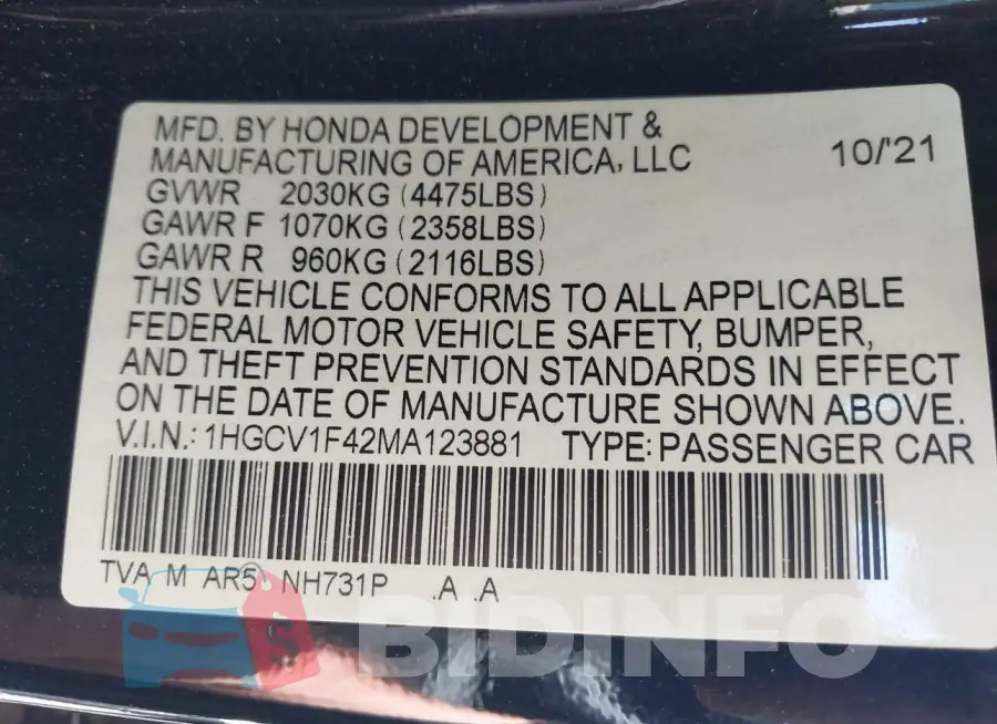 1HGCV1F42MA123881 Photo# 9