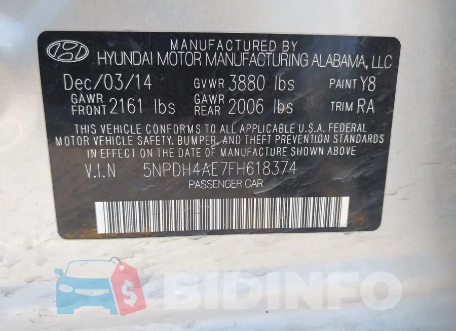 5NPDH4AE7FH618374 Photo# 9