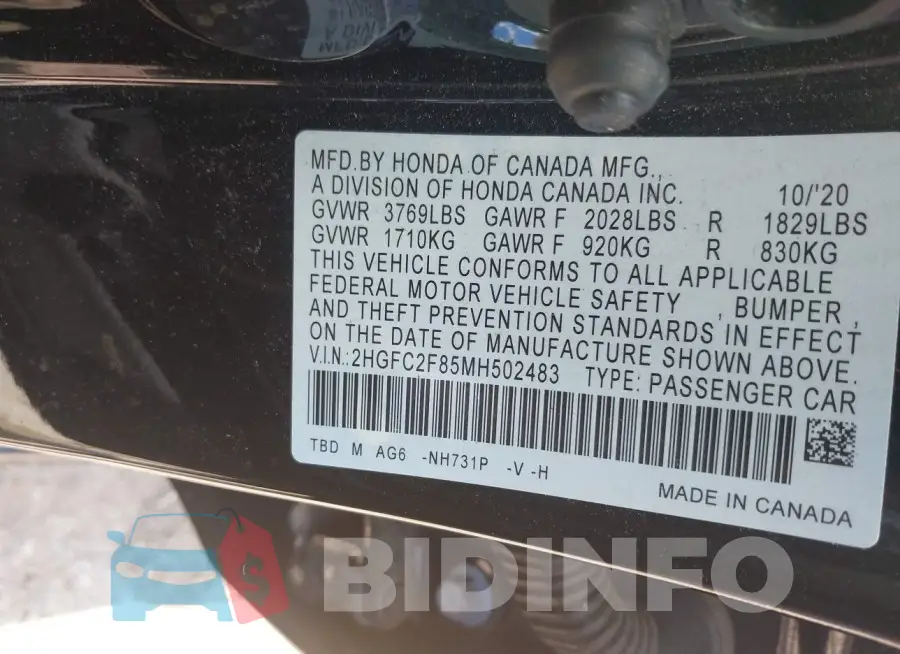 2HGFC2F85MH502483 Photo# 9