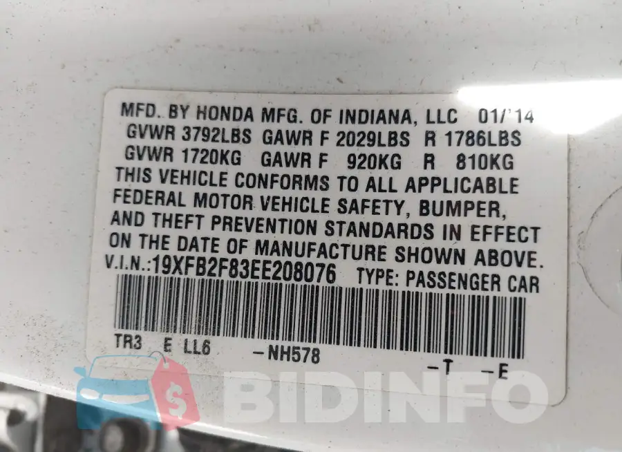 19XFB2F83EE208076 Photo# 9