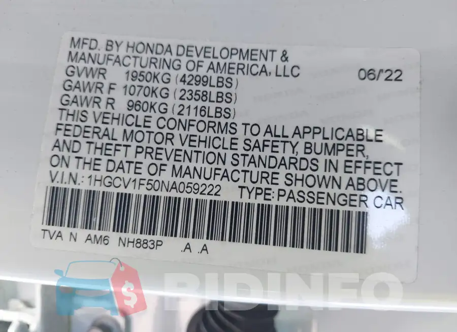 1HGCV1F50NA059222 Photo# 9
