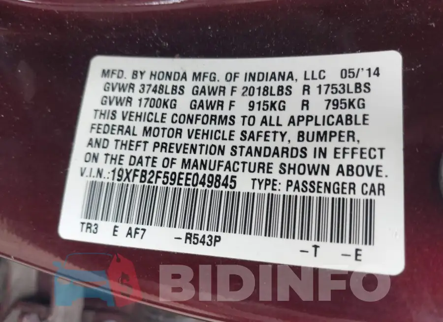 19XFB2F59EE049845 Photo# 9