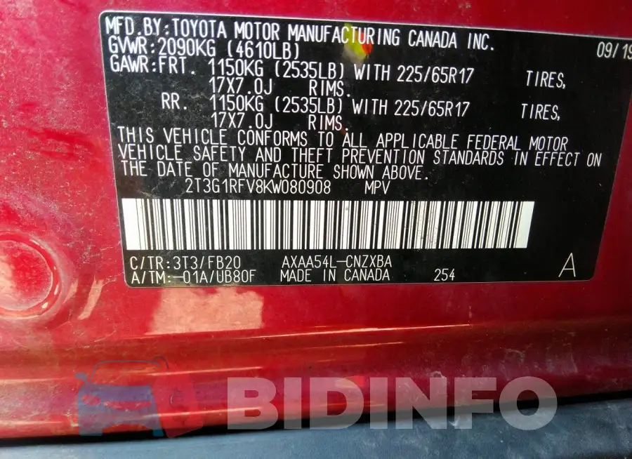 2T3G1RFV8KW080908 Photo# 9