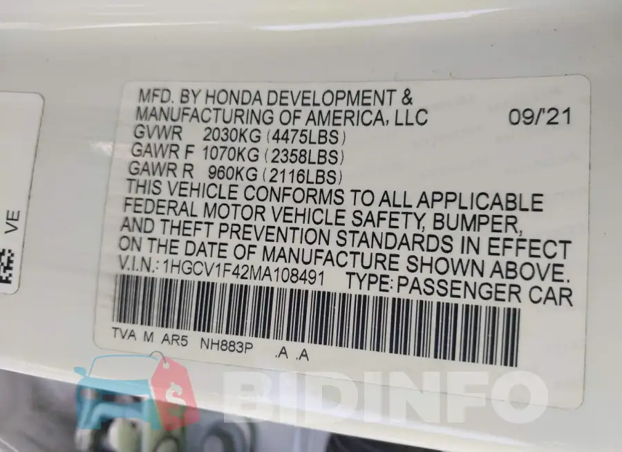 1HGCV1F42MA108491 Photo# 9