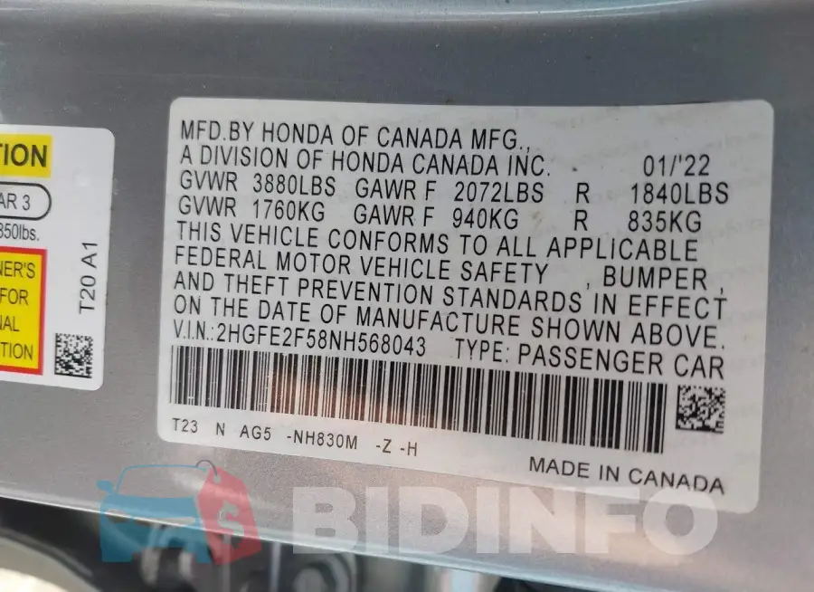 2HGFE2F58NH568043 Photo# 9