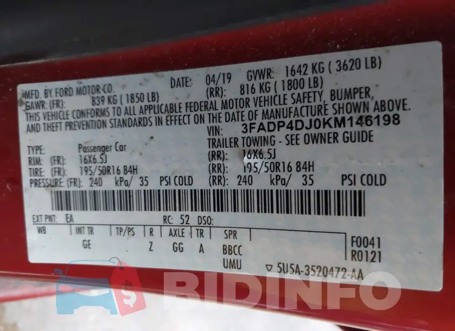 3FADP4DJ0KM146198 Photo# 9