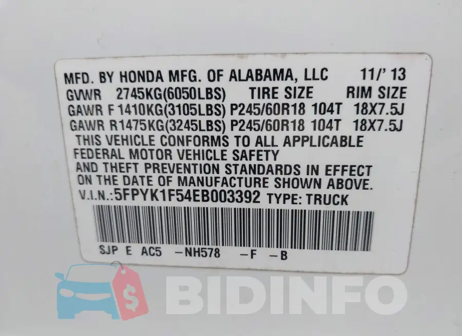 5FPYK1F54EB003392 Photo# 9