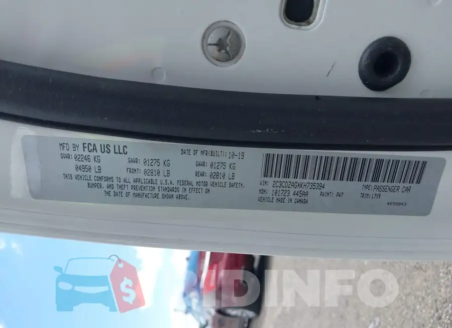 2C3CDZAGXKH735394 Photo# 9