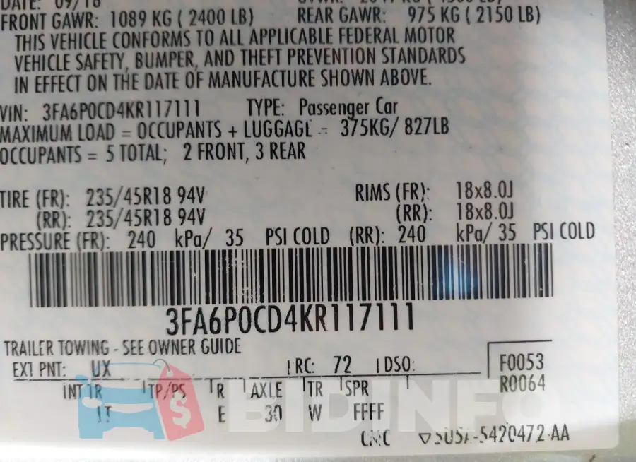 3FA6P0CD4KR117111 Photo# 9
