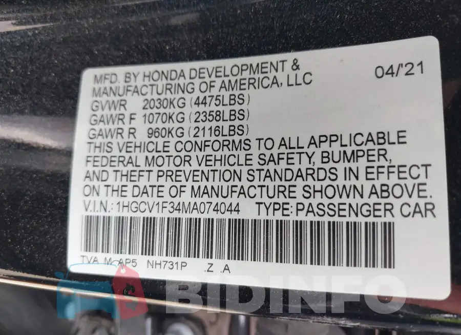 1HGCV1F34MA074044 Photo# 9