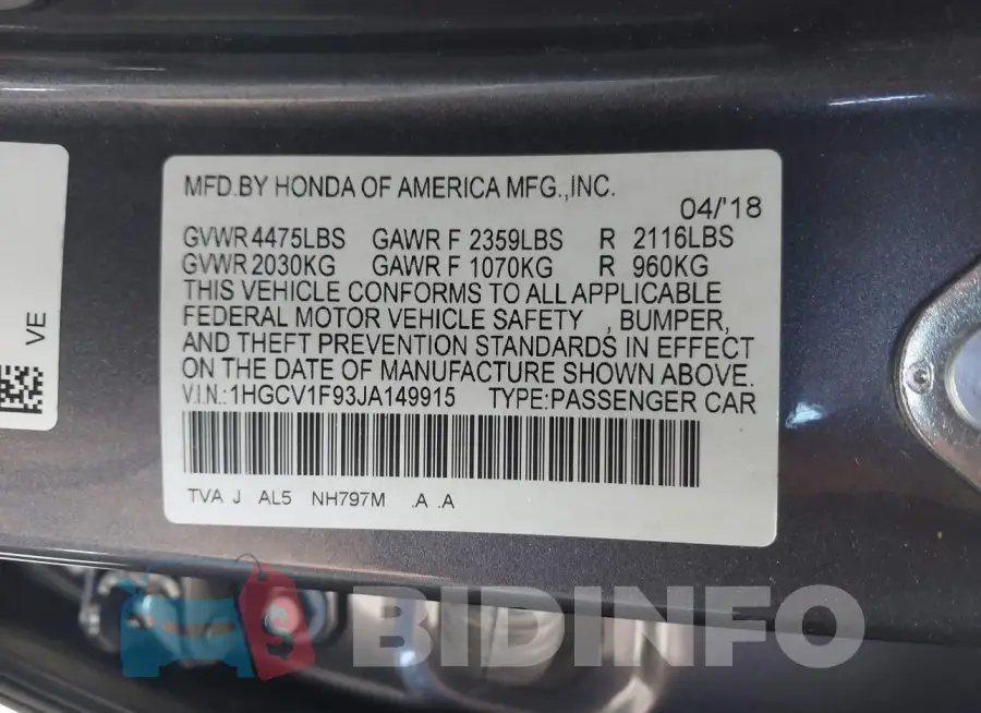 1HGCV1F93JA149915 Photo# 9