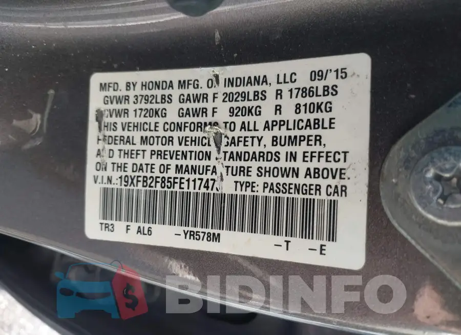 19XFB2F85FE117473 Photo# 9