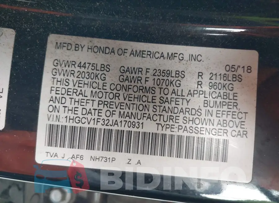 1HGCV1F32JA170931 Photo# 9