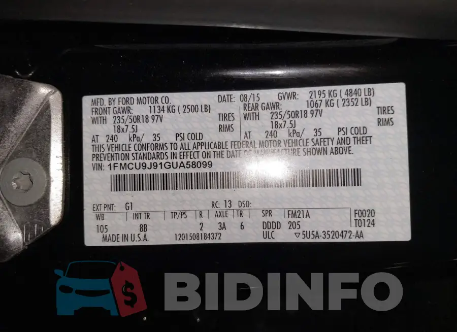 1FMCU9J91GUA58099 Photo# 9