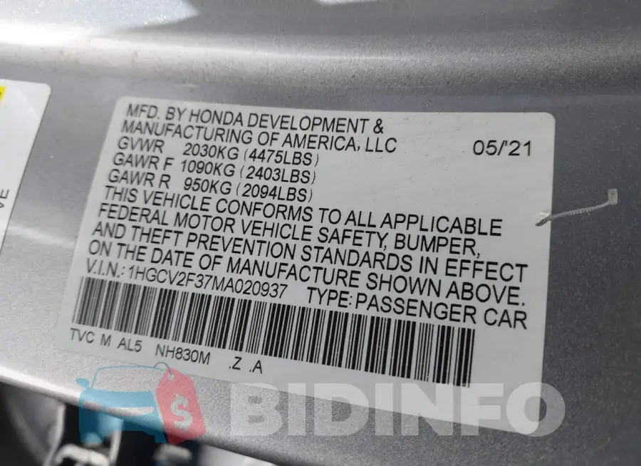 1HGCV2F37MA020937 Photo# 9