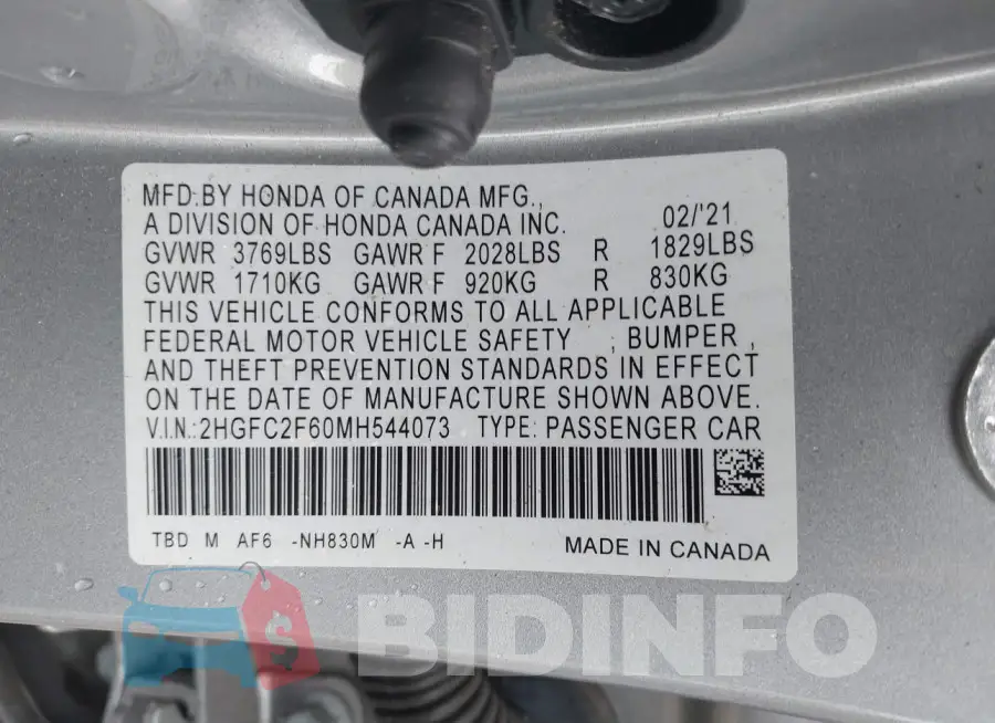 2HGFC2F60MH544073 Photo# 9
