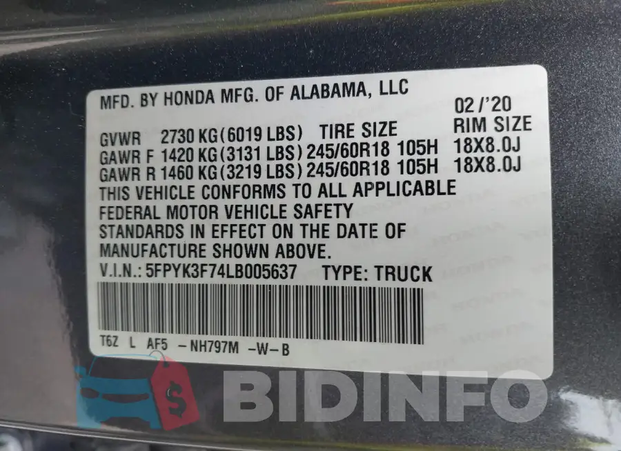 5FPYK3F74LB005637 Photo# 9