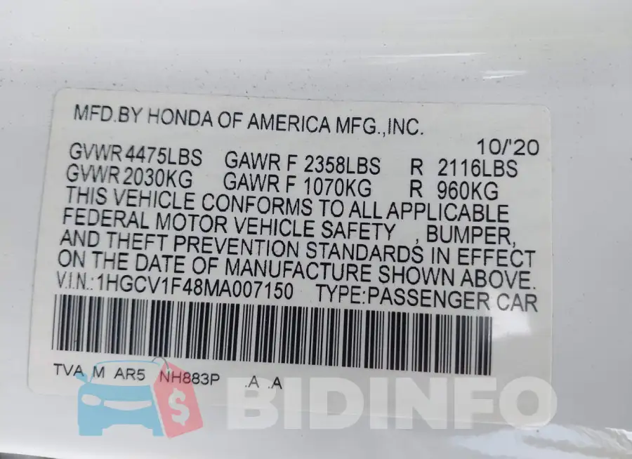 1HGCV1F48MA007150 Photo# 9