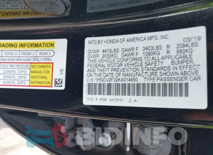 1HGCV2F32KA014850 Photo# 9