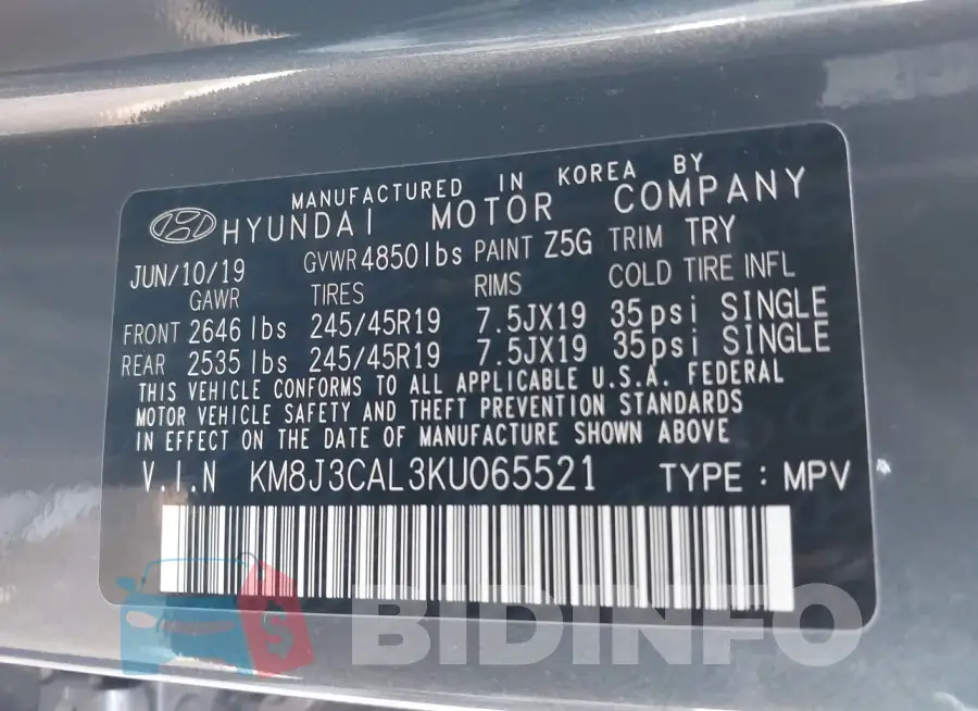 KM8J3CAL3KU065521 Photo# 9
