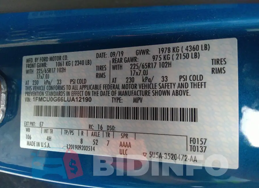 1FMCU0G66LUA12190 Photo# 9