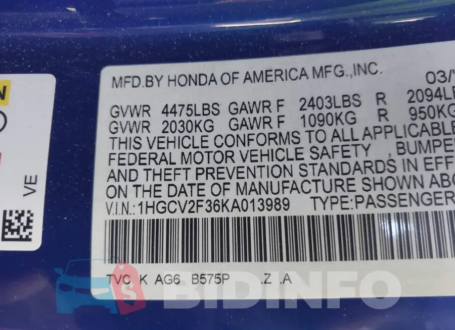 1HGCV2F36KA013989 Photo# 9