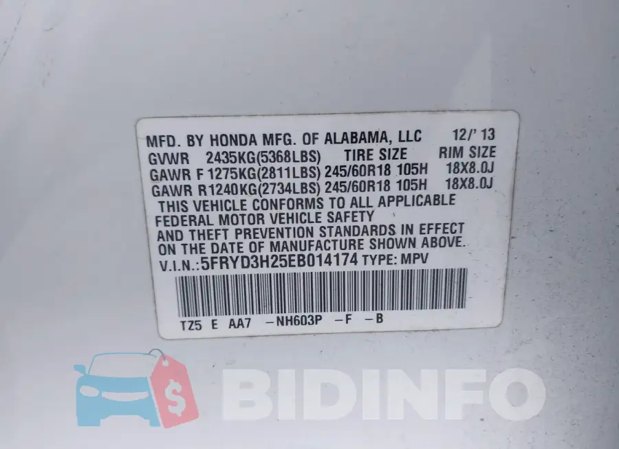 5FRYD3H25EB014174 Photo# 9