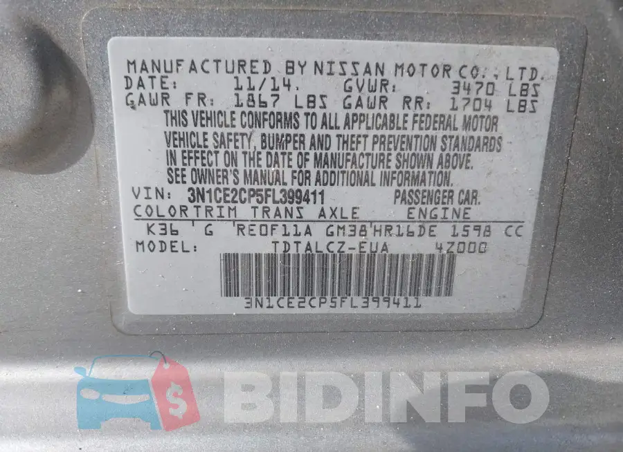 3N1CE2CP5FL399411 Photo# 9