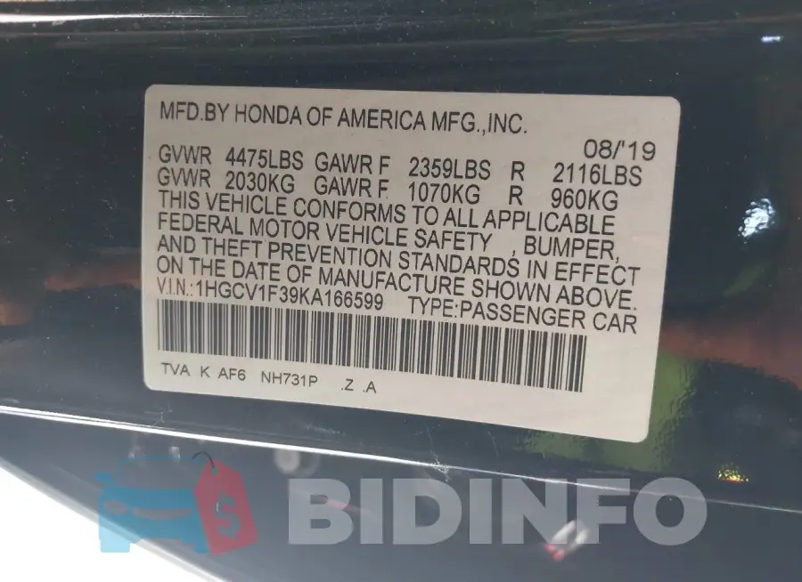 1HGCV1F39KA166599 Photo# 9