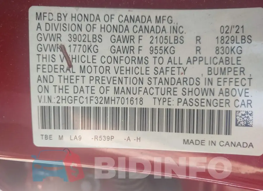 2HGFC1F32MH701618 Photo# 9