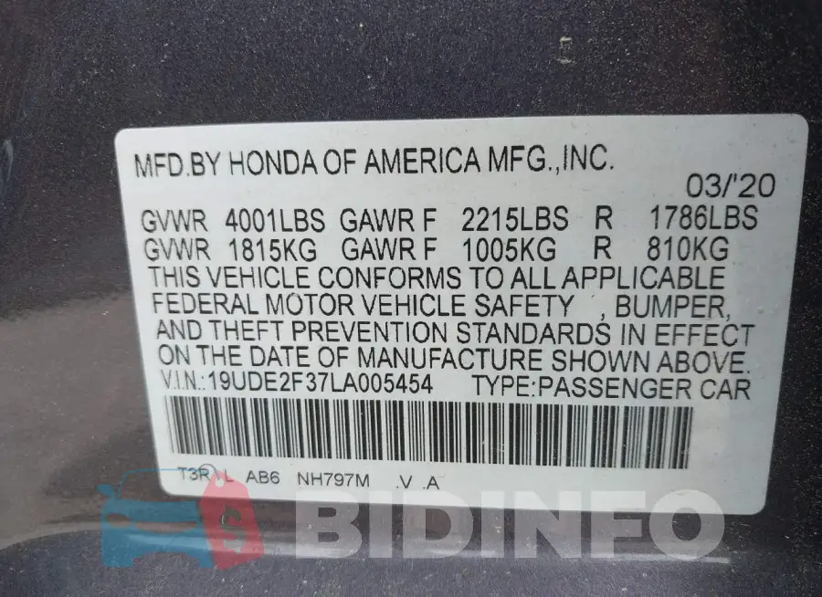 19UDE2F37LA005454 Photo# 9