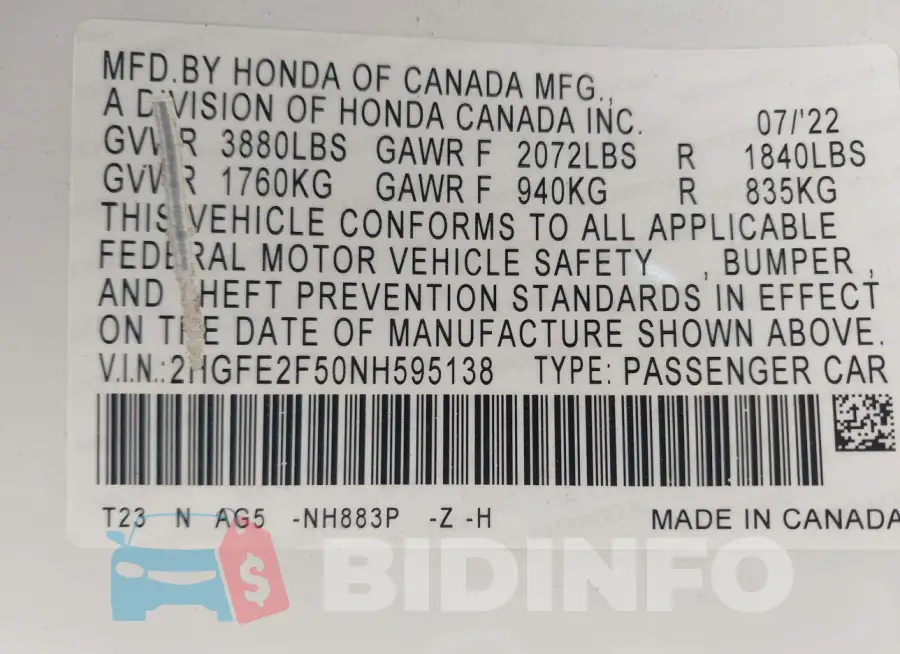 2HGFE2F50NH595138 Photo# 9