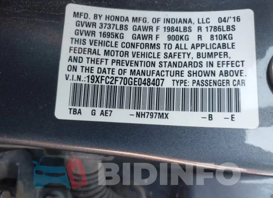 19XFC2F70GE048407 Photo# 9
